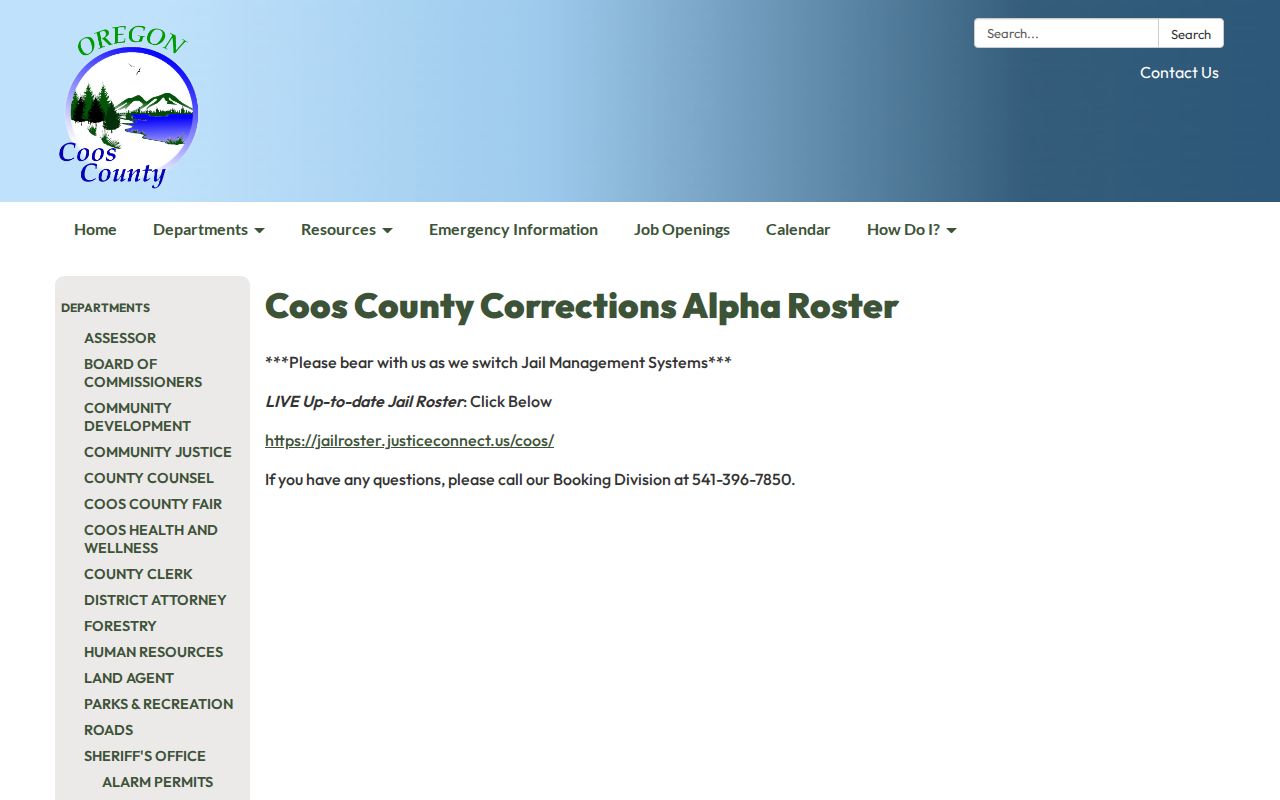 Coos County Jail live roster bridge for release verification