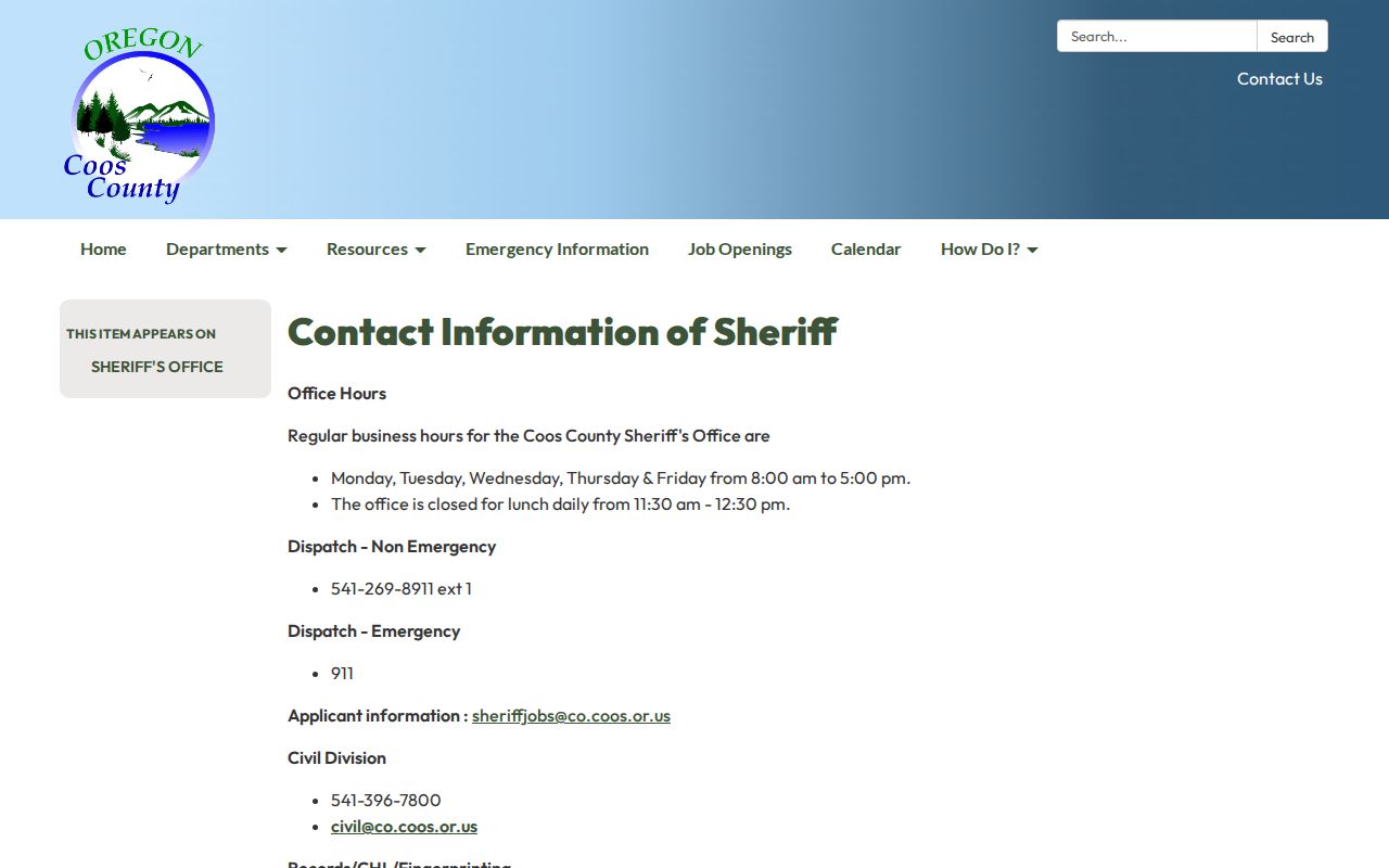Coos County Jail and Sheriff Records contacts for release questions