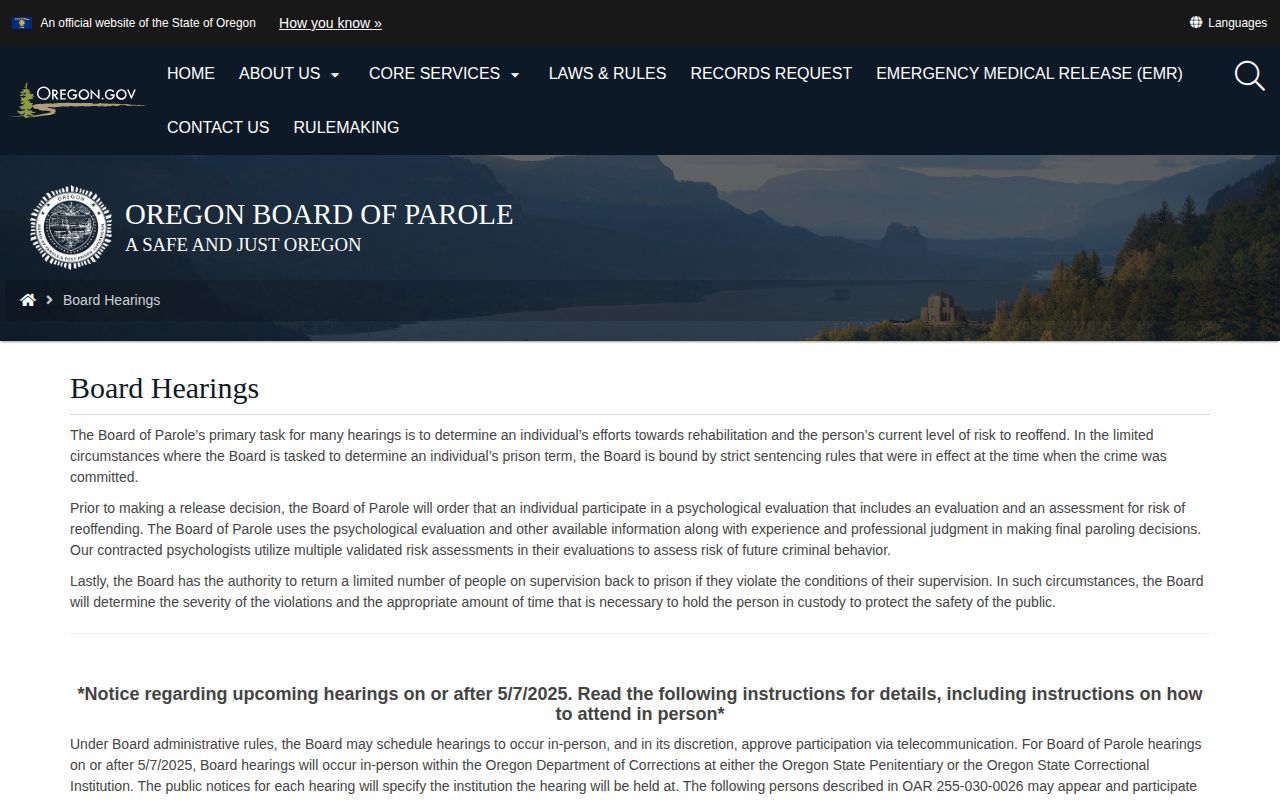 Oregon parole hearing information used for Coos County supervision records