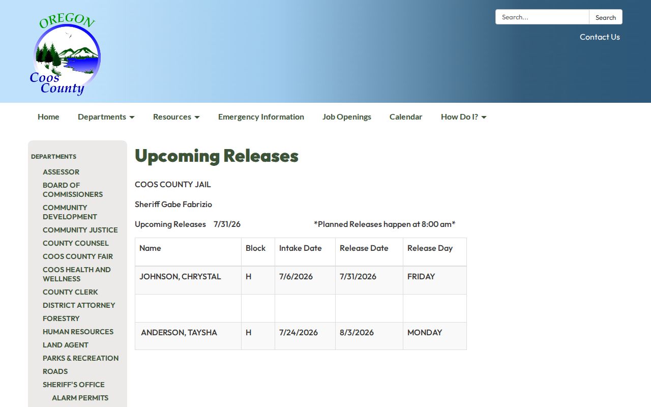 Coos County planned inmate release list and release time note