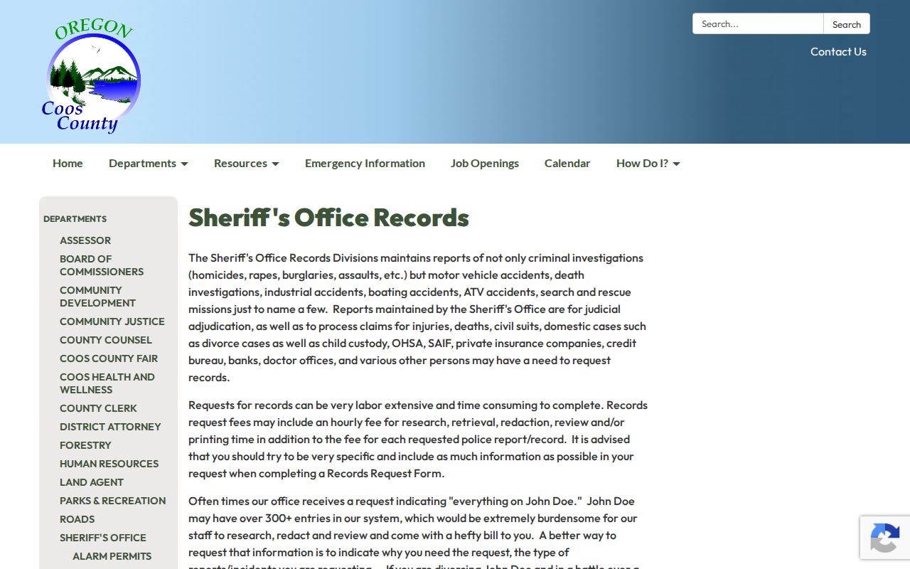 Coos County released inmate mugshot Photo Request form and records options
